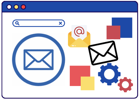 Digital Realm custom graphic of gears, envelopes all in a browser.