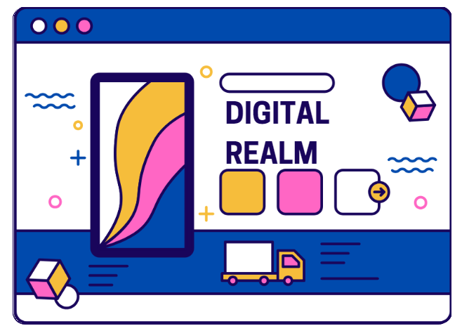 cartoon stylized Webpage with DIGITAL REALM on it