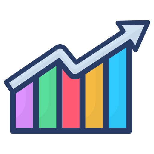 Bar graph with upward arrow representing business growth and increased SEM and SEO.